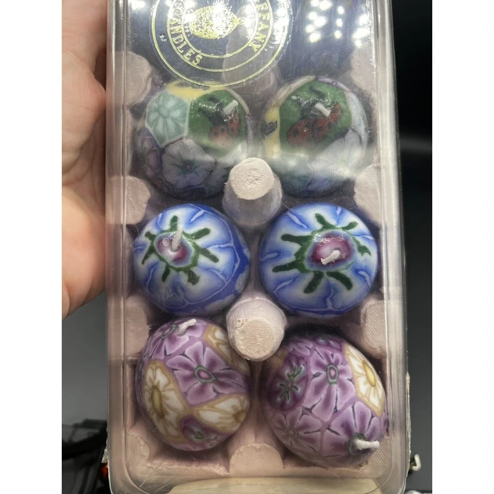 Tiffany EGG Candles ~ Flowers Lady Bugs‎ Tie Dye Retro ~ NEW in Sealed Container